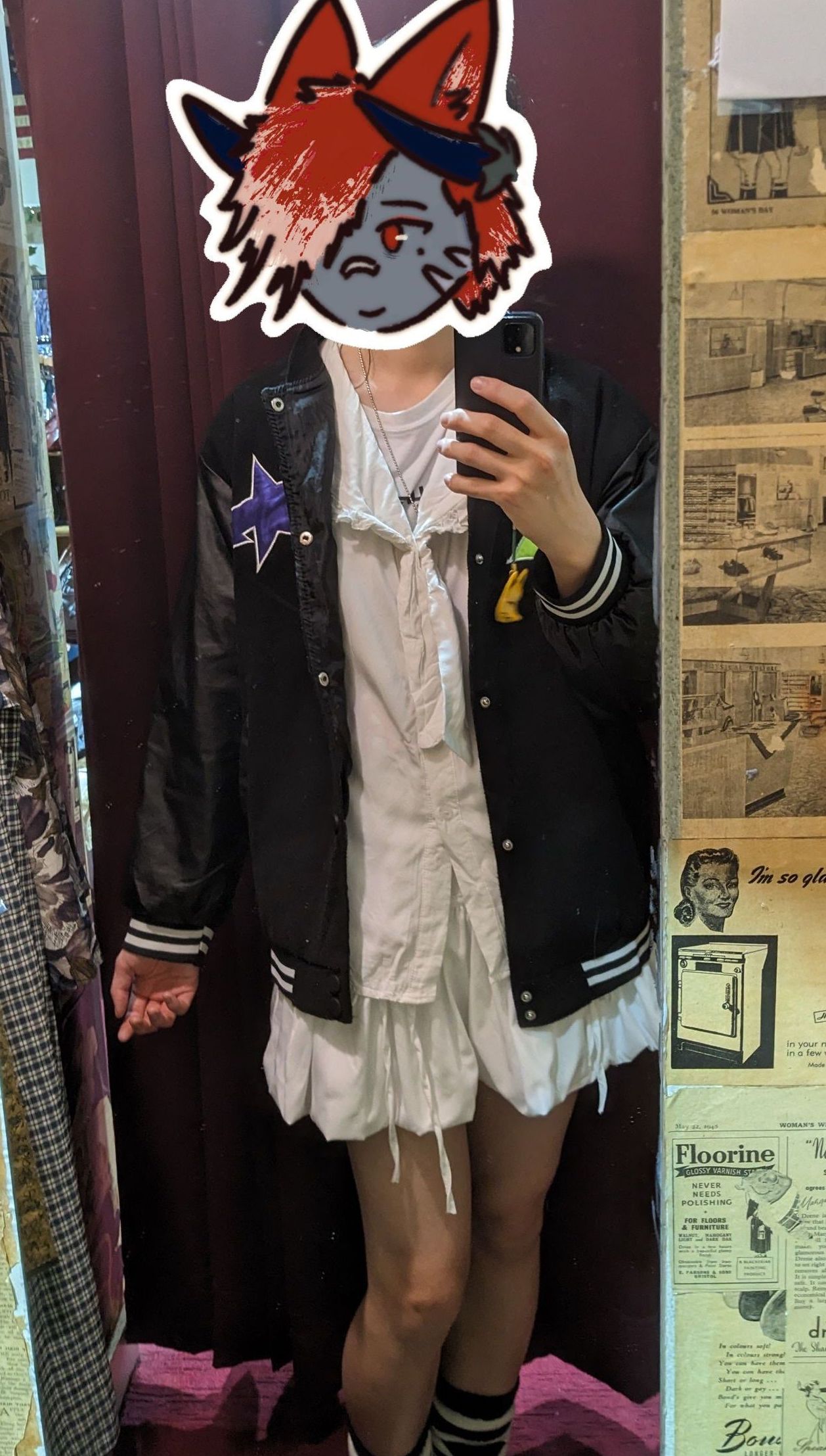 me in a white blouse, bloomers and black varsity jacket me in a white blouse, bloomers and black varsity jacket