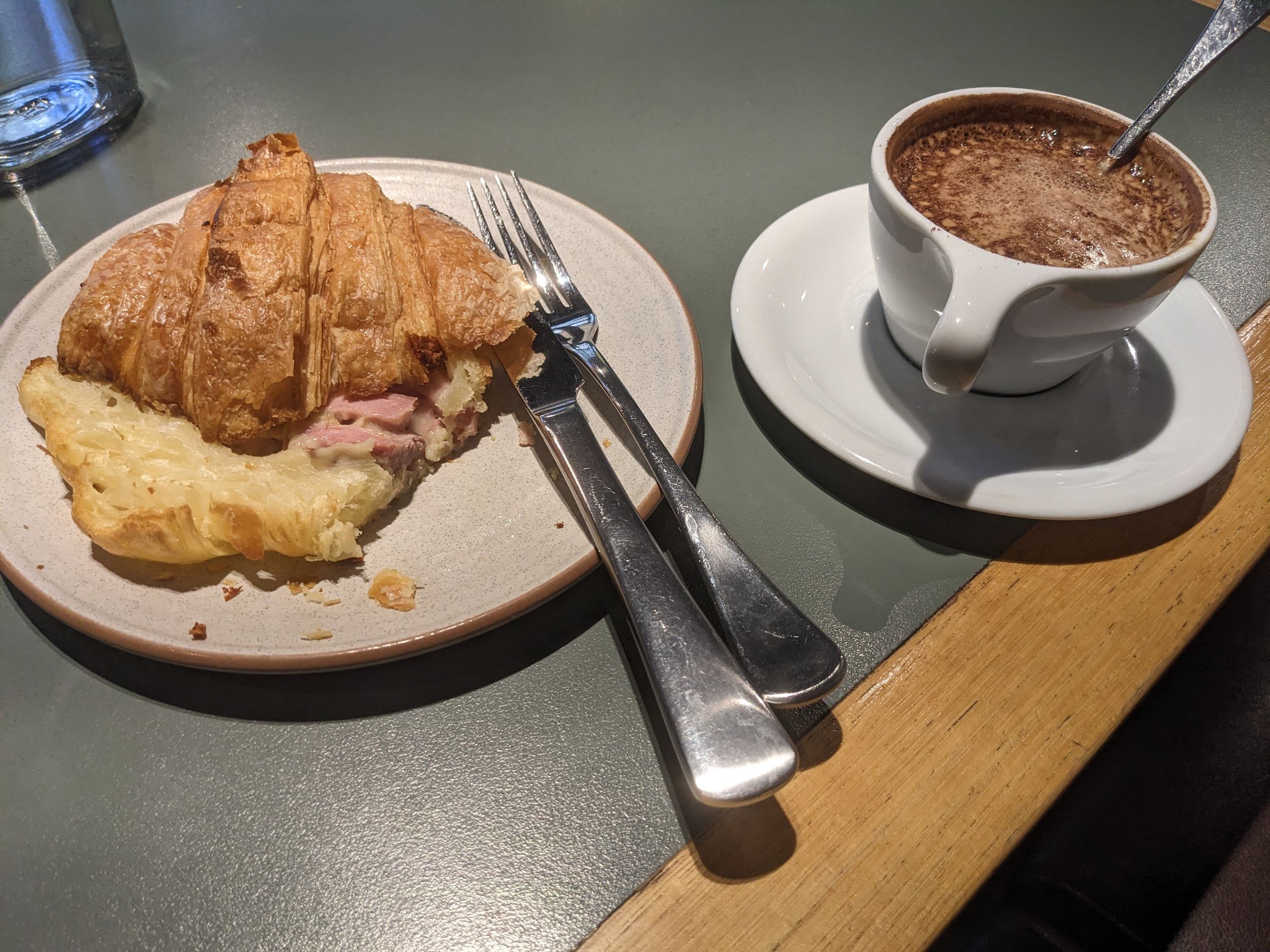 ham and cheese crossaint and a mocha ham and cheese crossaint and a mocha