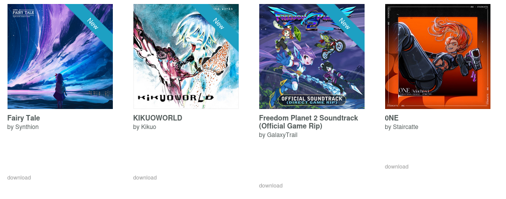 screenshot of bandcamp purchases, featuring Fairy Tale EP from Synthion, KIKUOWORLD by Kikuo, the Freedom Planet 2 OST by GalaxyTrail and 0NE by Staircatte screenshot of bandcamp purchases, featuring Fairy Tale EP from Synthion, KIKUOWORLD by Kikuo, the Freedom Planet 2 OST by GalaxyTrail and 0NE by Staircatte