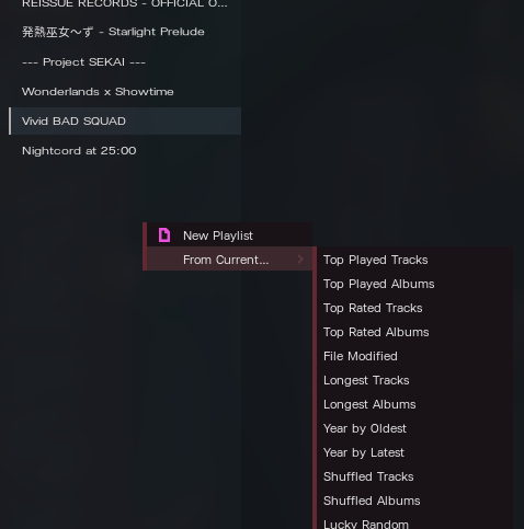 right click menu in tauon playlist showing a list of generated playlist options right click menu in tauon playlist showing a list of generated playlist options