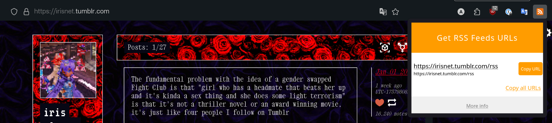 screenshot of my tumblr with the firefox get rss urls extension running screenshot of my tumblr with the firefox get rss urls extension running